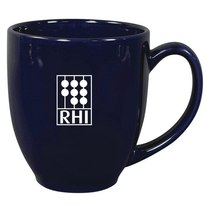 A navy blue coffee mug with a rounded shape and a handle, featuring a logo on one side.