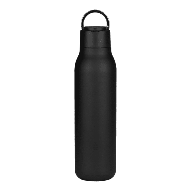 A drink bottle in matte black finish with a metal loop, featuring a sleek design and 600ml capacity.