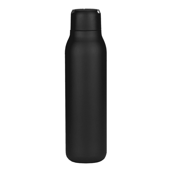 A drink bottle in matte black with a metal loop, holding 600ml. Features a logo on the surface.