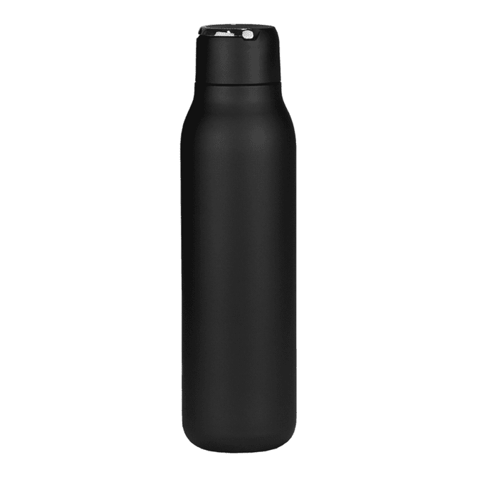 A drink bottle in matte black with a metal loop, featuring a sleek, smooth design. 600ml capacity.
