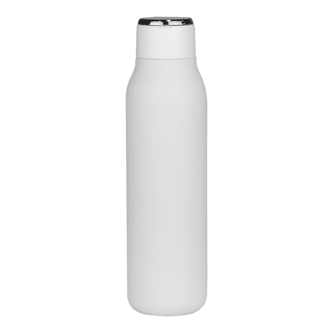 A drink bottle in matte white finish with a metallic loop, featuring a sleek design and a logo.