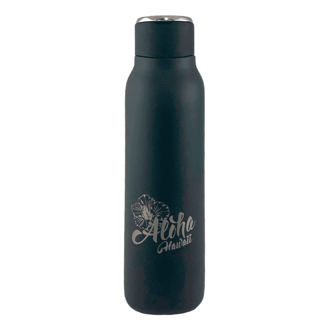 A drink bottle in matte black with a metal loop, featuring a logo and designed for 600ml capacity.
