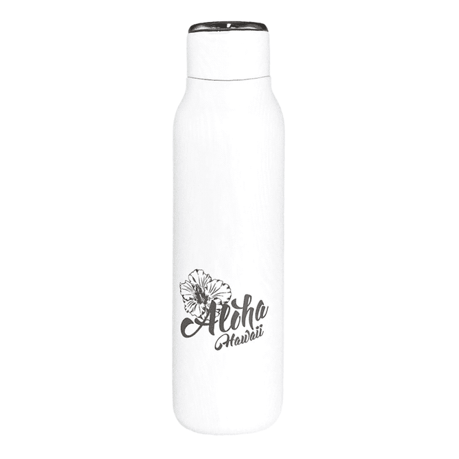 A drink bottle in white featuring a floral design and a logo, with a metal loop and a 600ml capacity.