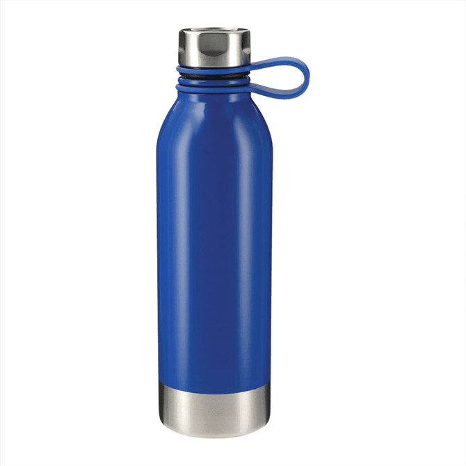 A drink bottle with a sleek blue body, stainless steel base, and a looped lid for easy carrying.