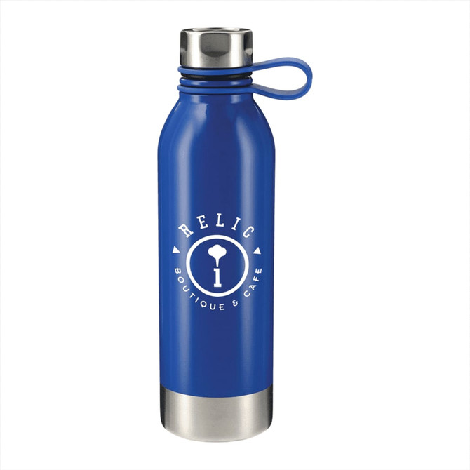 A drink bottle in blue with a stainless steel base and a logo. It features a screw-on lid with a handle.
