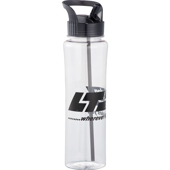 A drink bottle in clear plastic with a black lid and straw, featuring a logo. Capacity is 885ml.