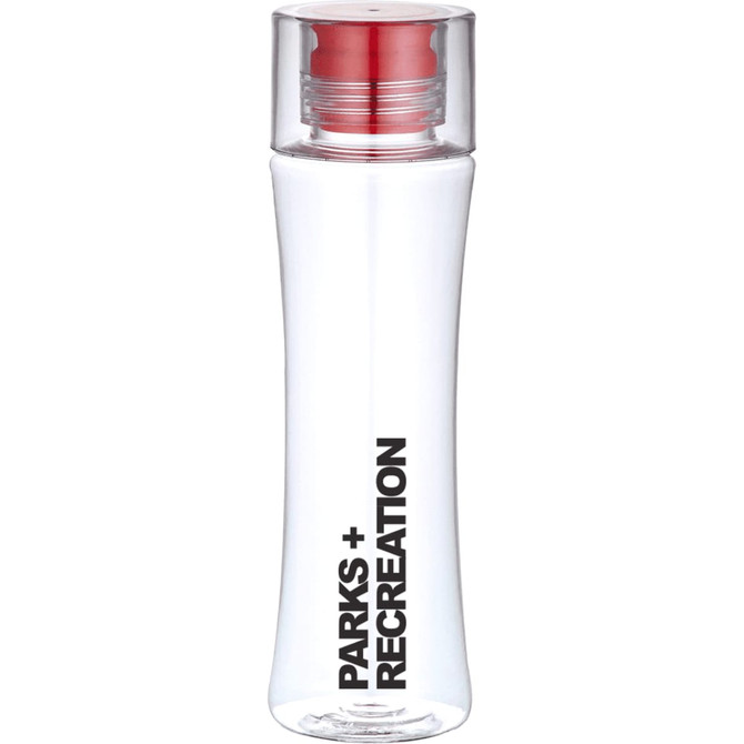 A drink bottle in clear plastic with a red cap and a logo, featuring a sleek, curved design.