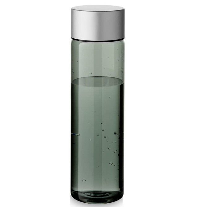 A drink bottle in a sleek design, featuring a silver lid and a transparent green body filled with water.