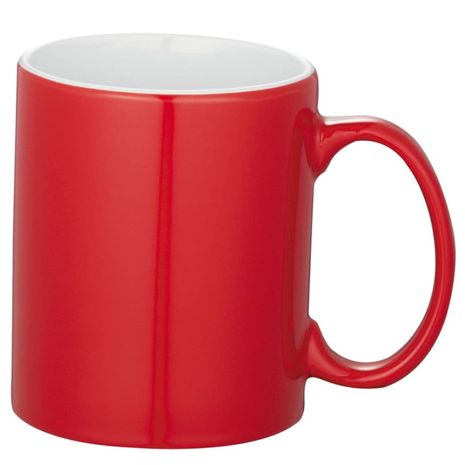 A red ceramic mug with a white interior and a curved handle, featuring a logo.