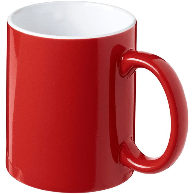 A red ceramic mug with a glossy finish and a white interior, featuring a handle and a logo.