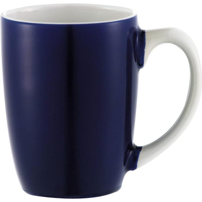 A ceramic coffee mug in navy blue with a white handle, featuring a simple design and a logo.