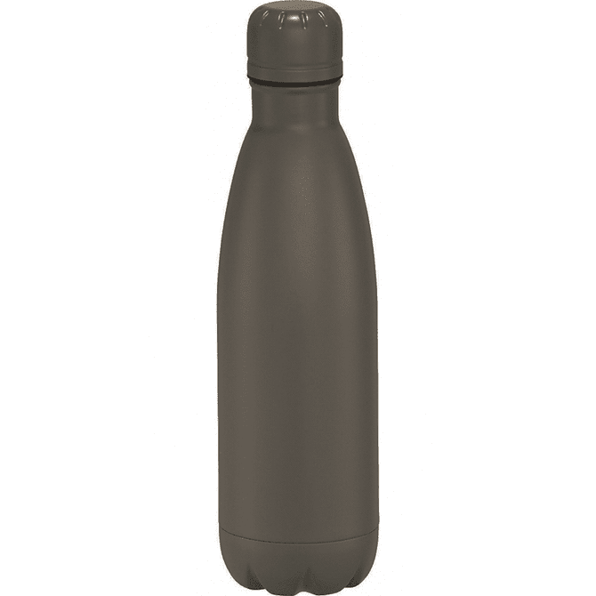 A drink bottle in a matte dark grey finish, featuring a twist cap and a logo. Holds 500ml.