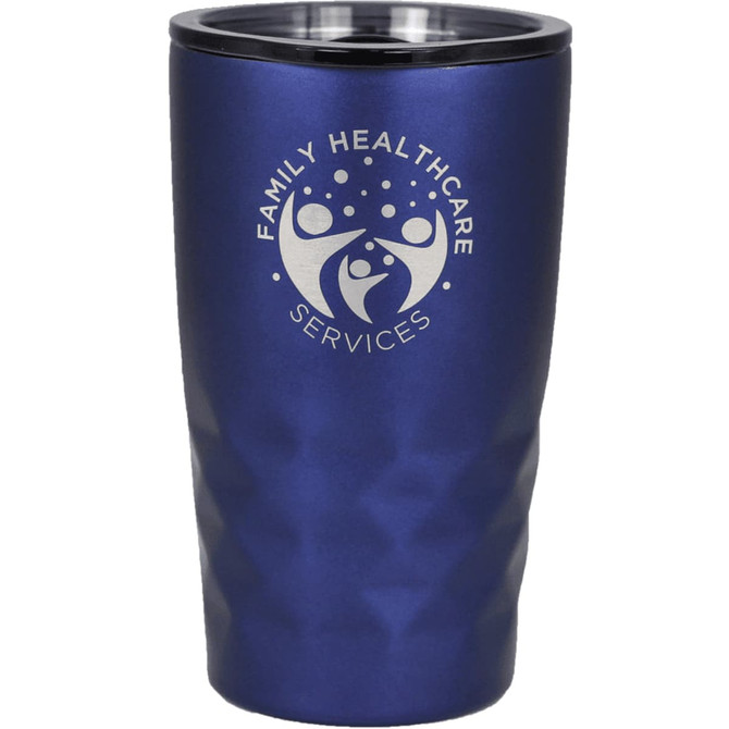 A drink bottle in blue with a textured design and a lid, featuring a logo on the front.