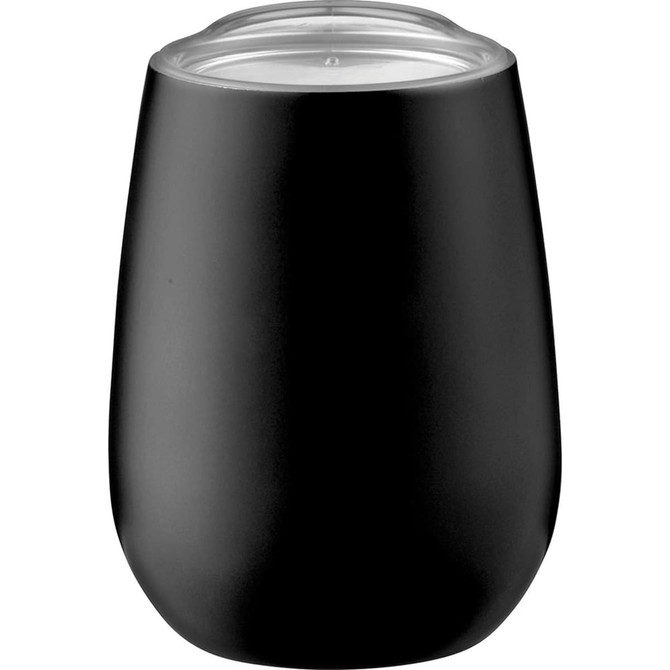 A drink bottle featuring a matte black finish and a clear lid, designed for travel.
