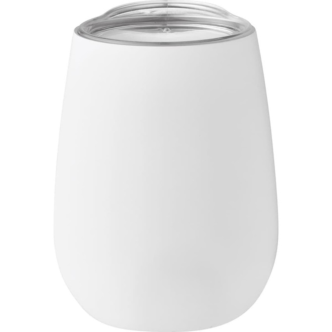 A drink bottle featuring a white, vacuum insulated design with a clear lid and smooth finish. It has a logo on the surface.