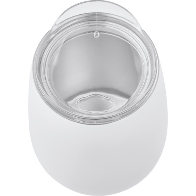A drink bottle with a white matte exterior and a clear lid, featuring a stainless steel interior.