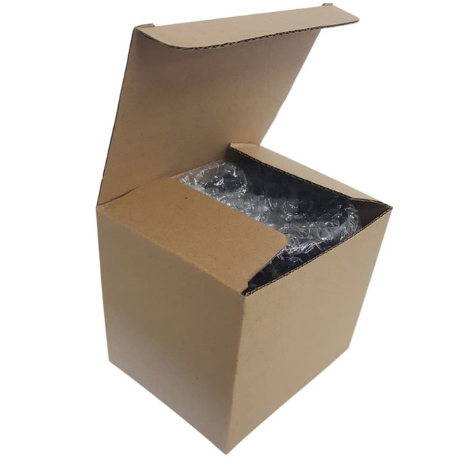 A cardboard box partially open, revealing bubble wrap inside. The box is plain brown without any logos or branding.