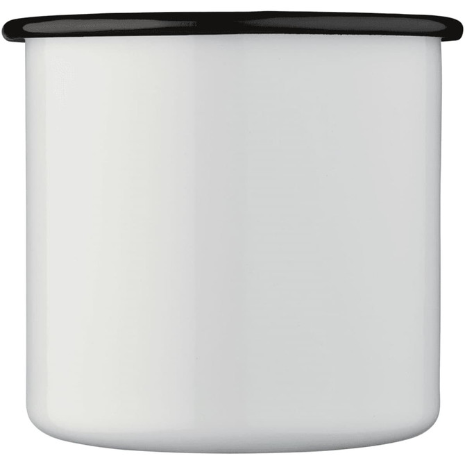 A drink bottle featuring a white enamel metal cup with a black rim, showcasing a simple and stylish design.