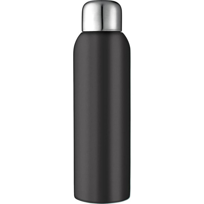 A drink bottle made of stainless steel, featuring a sleek black design and a metallic silver lid.