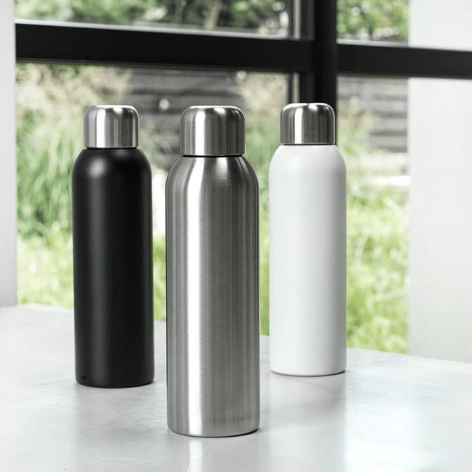 A drink bottle set featuring a black, a silver stainless steel, and a white bottle with metal caps. Each has branding.