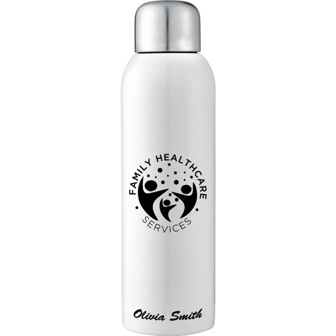 A drink bottle featuring a sleek white design with a stainless steel top and a logo.