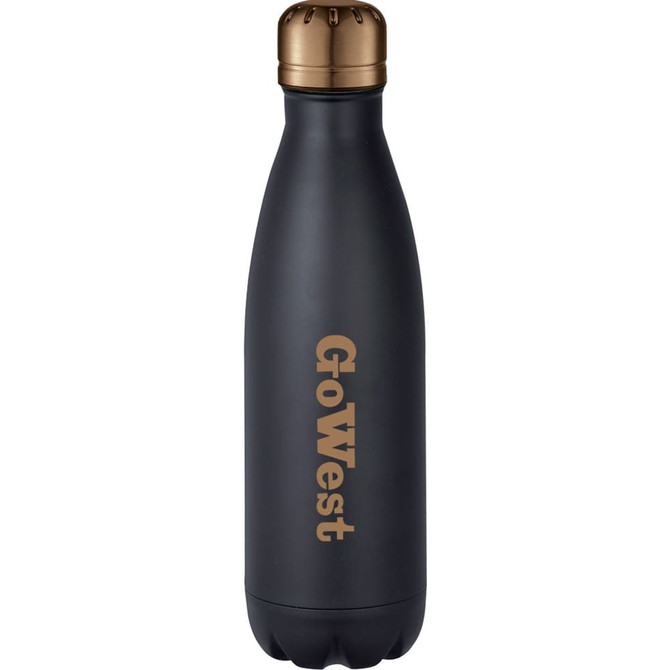 A drink bottle with a matte black finish and a bronze lid, featuring a logo on the front.