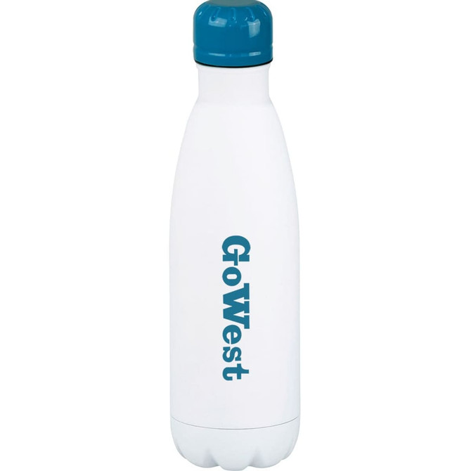 A drink bottle in white with a blue lid, featuring a logo and a sleek design, 500ml capacity.