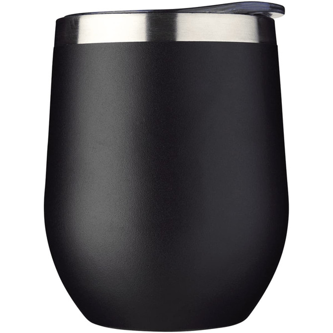 A drink bottle in matte black with a stainless steel rim and a lid, designed for insulated beverage storage.