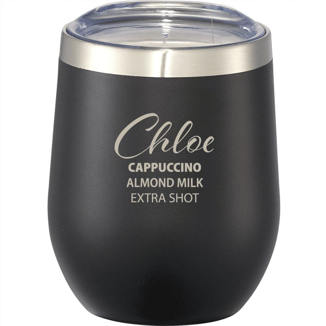 A drink bottle in matte black with a stainless steel rim and a clear lid, featuring a logo.