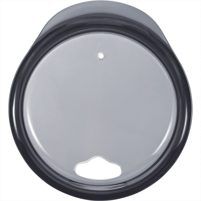A drink bottle lid in black with a circular opening, featuring a logo.
