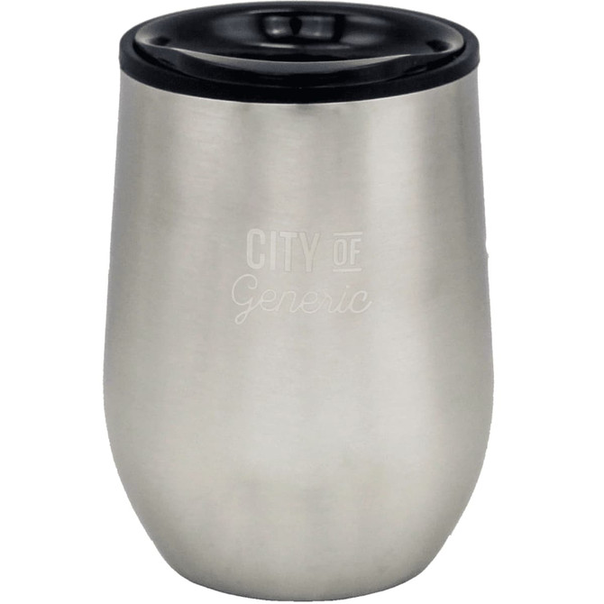 A drink bottle in stainless steel with a black lid, featuring a logo on the side.