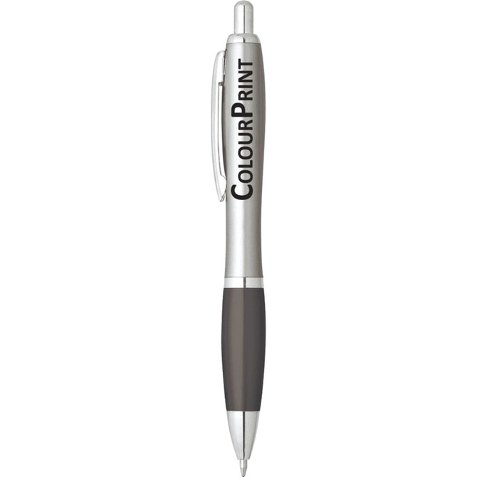 A silver and black plastic pen featuring a branding logo on the barrel.