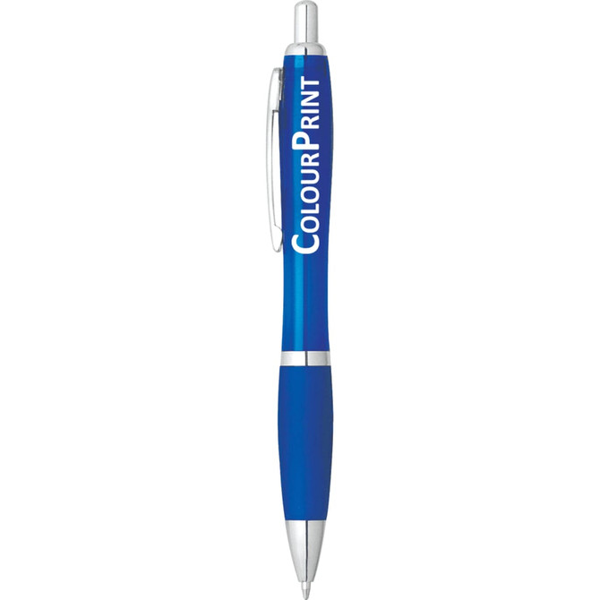 A blue plastic pen with a silver clip and tip, featuring a logo on the barrel.