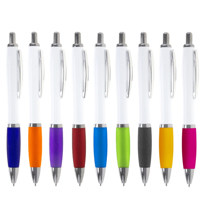 A collection of ballpoint pens with white barrels and various coloured grips, including purple, red, and green.