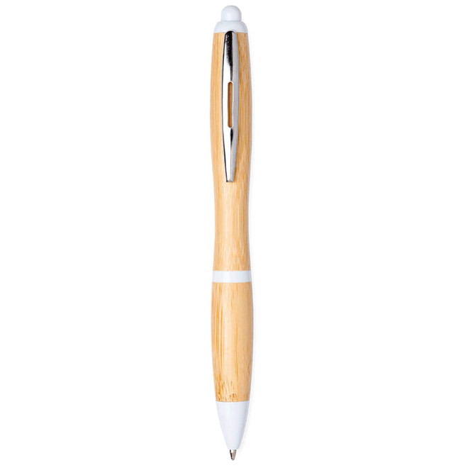 A bamboo ballpoint pen with white accents and a shiny silver clip. Features a sleek, natural finish.