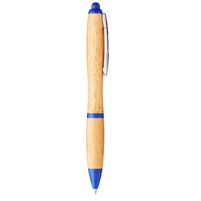 A bamboo ballpoint pen with blue accents and a silver clip, featuring a branding logo.