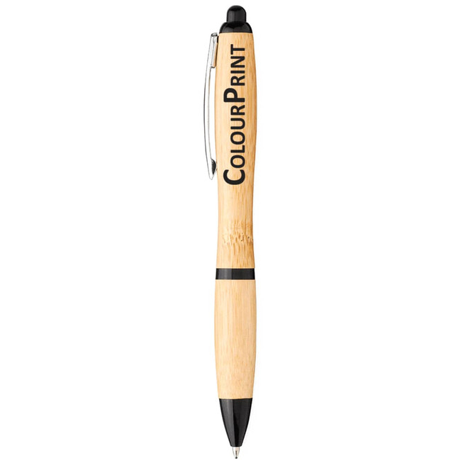 A bamboo ballpoint pen with black accents and a branding logo on the barrel.