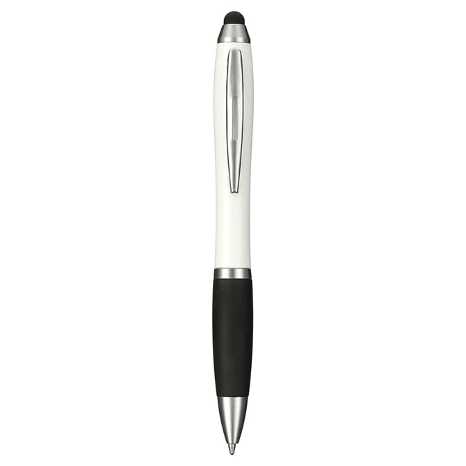 A white and black antibacterial pen with a stylus tip and a sleek silver clip. Features a logo.