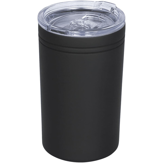 A drink bottle in matte black with a transparent lid and a logo, designed as a 325ml vacuum tumbler.