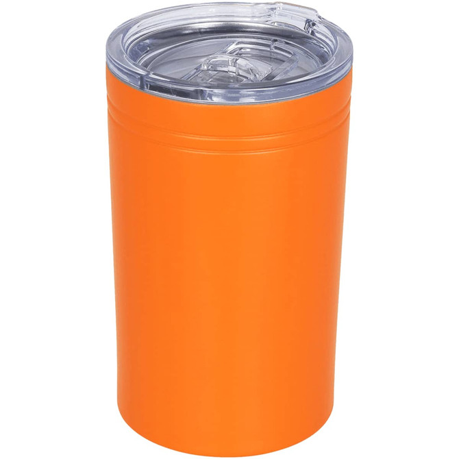An orange vacuum tumbler with a clear lid, featuring a logo on the side. Holds 325ml.
