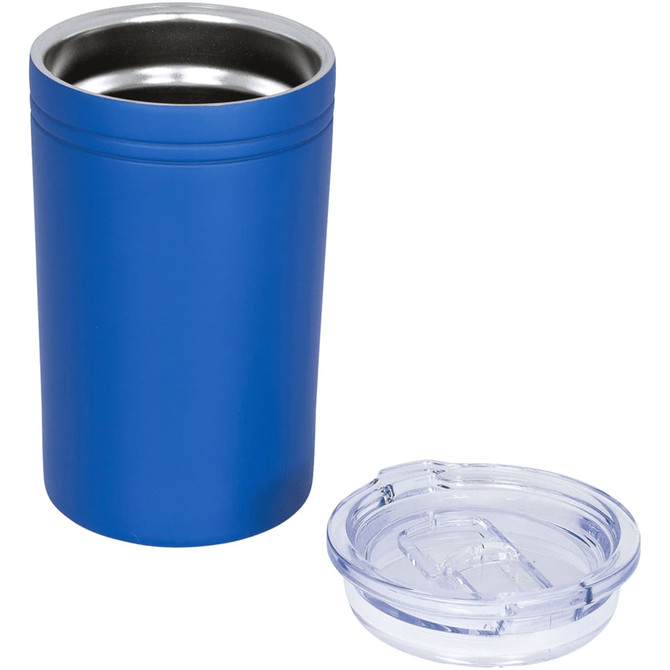 A drink bottle in blue with a stainless steel interior and a clear lid positioned beside it.