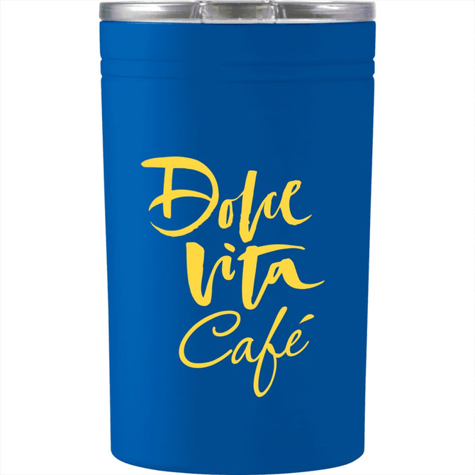 A drink bottle in a vibrant blue colour, featuring a logo in yellow, designed for hot or cold beverages.