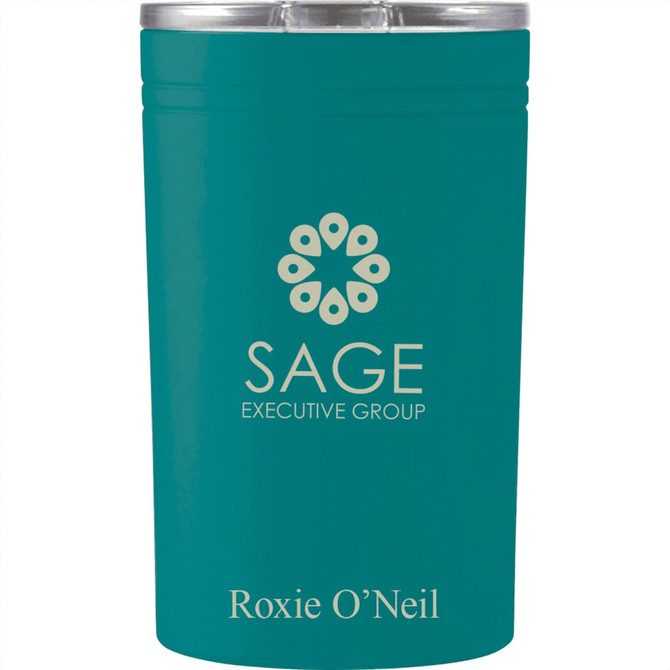 A drink bottle in teal with a lid, featuring a logo and a name on the front.