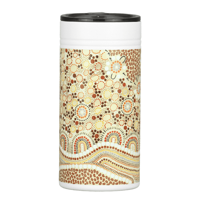 A drink bottle featuring a decorative pattern in earthy tones, with a black lid and logo on the side.