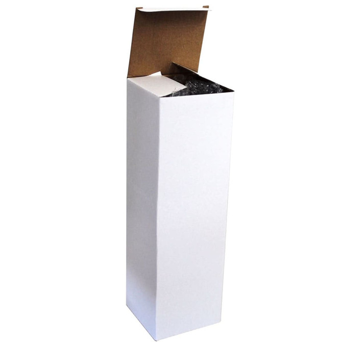 A white packaging box with an open lid, designed for a glass bottle with a silicone cover.