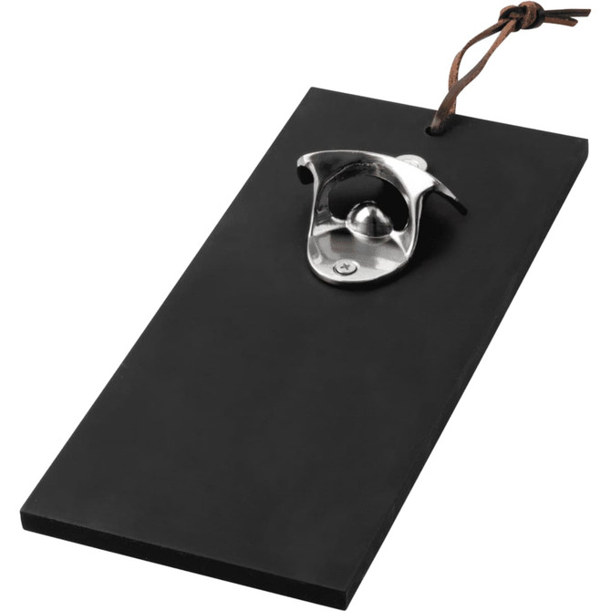 A drink bottle opener with a silver metal opener attached to a rectangular black base, featuring a leather strap.