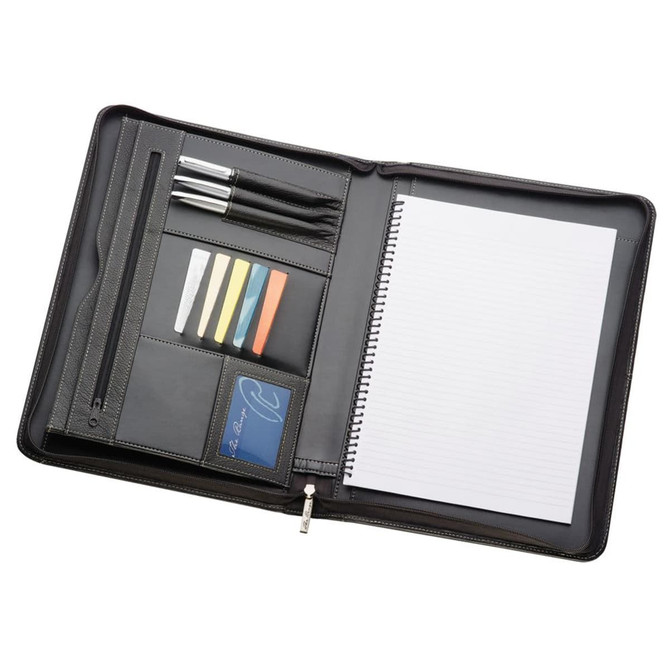 A black full grain leather compendium featuring a notepad, pen slots, and assorted accessories. Includes a logo.