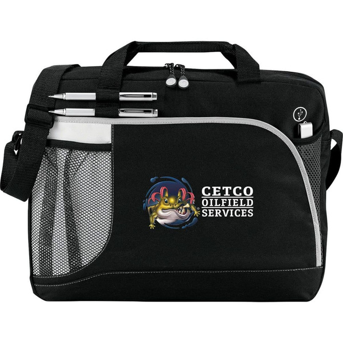 A black laptop briefcase featuring a mesh side pocket and pens attached, decorated with a logo.