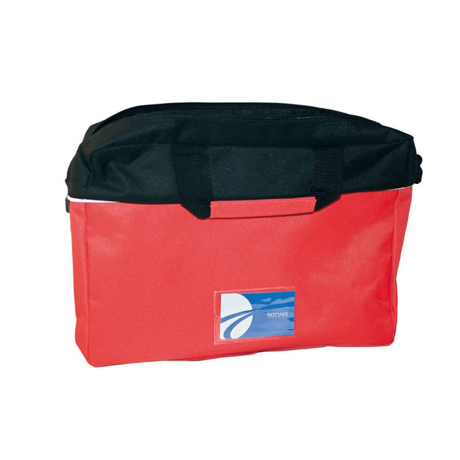 A red and black laptop bag with a reinforced base and a logo on the front.
