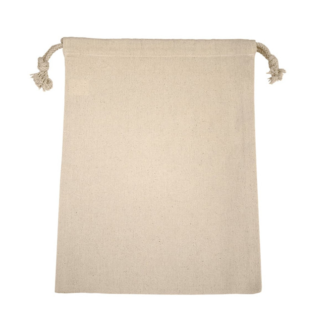 A natural-coloured cotton drawstring bag with tassel closures and a plain surface. It features a logo.